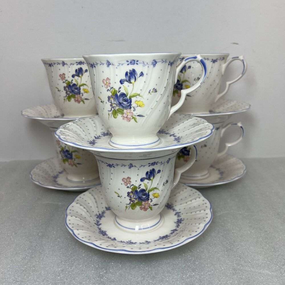 Vtg Nikko Blue Peony Tea Cup & Saucer 6 Sets Blue Floral Dot Cottagecore Japan